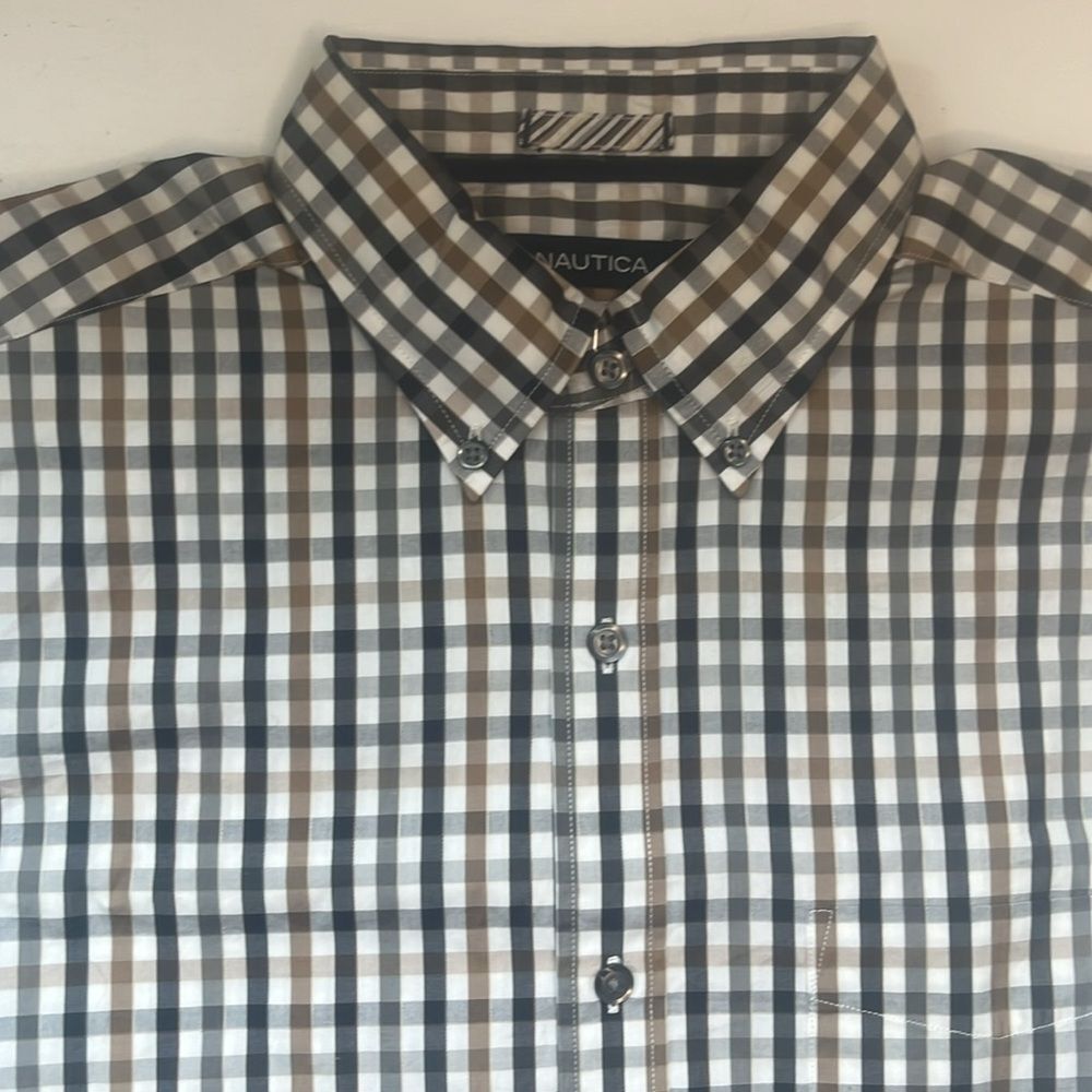 Nautica Brown and Black Checkered Dress Shirt